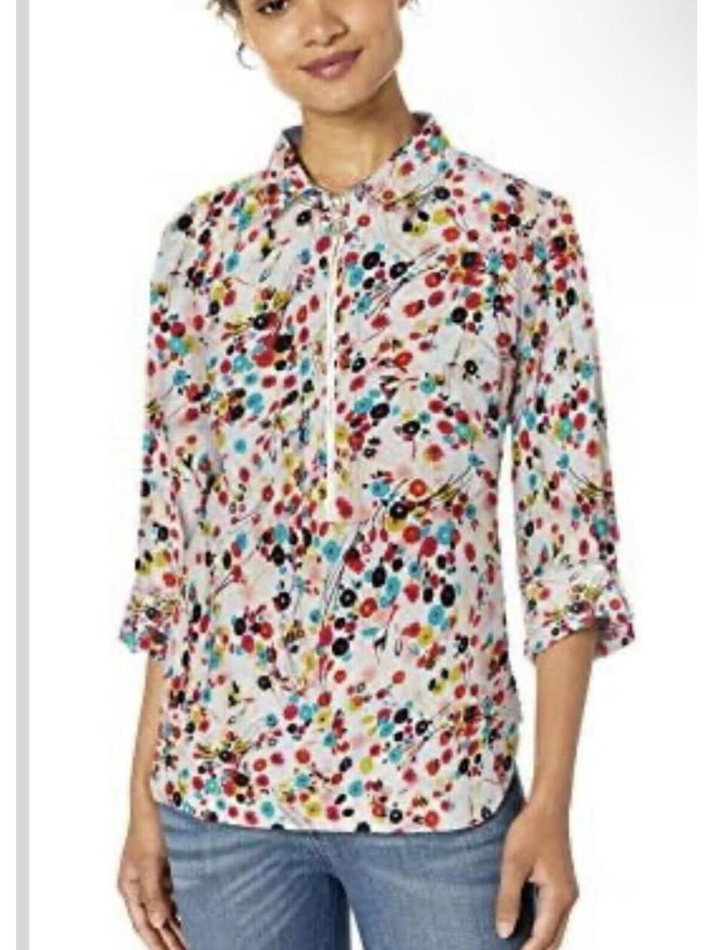 Tommy Hilfiger Women's Floral Print Long Sleeve Zip Blouse w Button Up Cuff XL